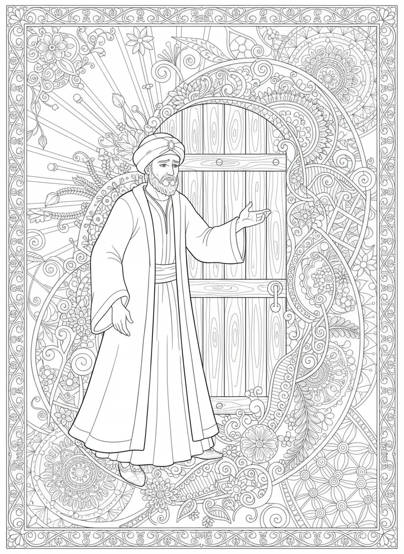 Wirt zeigt auf geschlossene Tür, Krippenszene Maria Josef Keine Zimmer Malvorlage für Erwachsene im Stil des Bibel-Journaling.