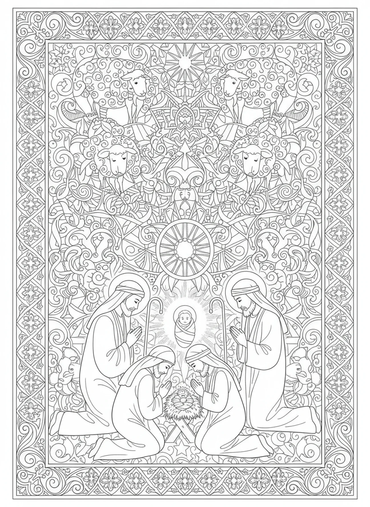 Hirten knien vor dem Baby Jesus, Krippe Maria Josef Kein Platz Ausmalbild für Erwachsene im Bibel-Journaling-Stil.