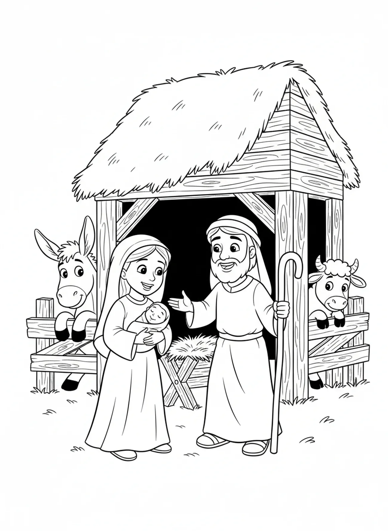 Maria und Josef im Stall, Krippe Maria Josef Kein Platz Ausmalbild für Kinder im Alter von 5-10 Jahren
