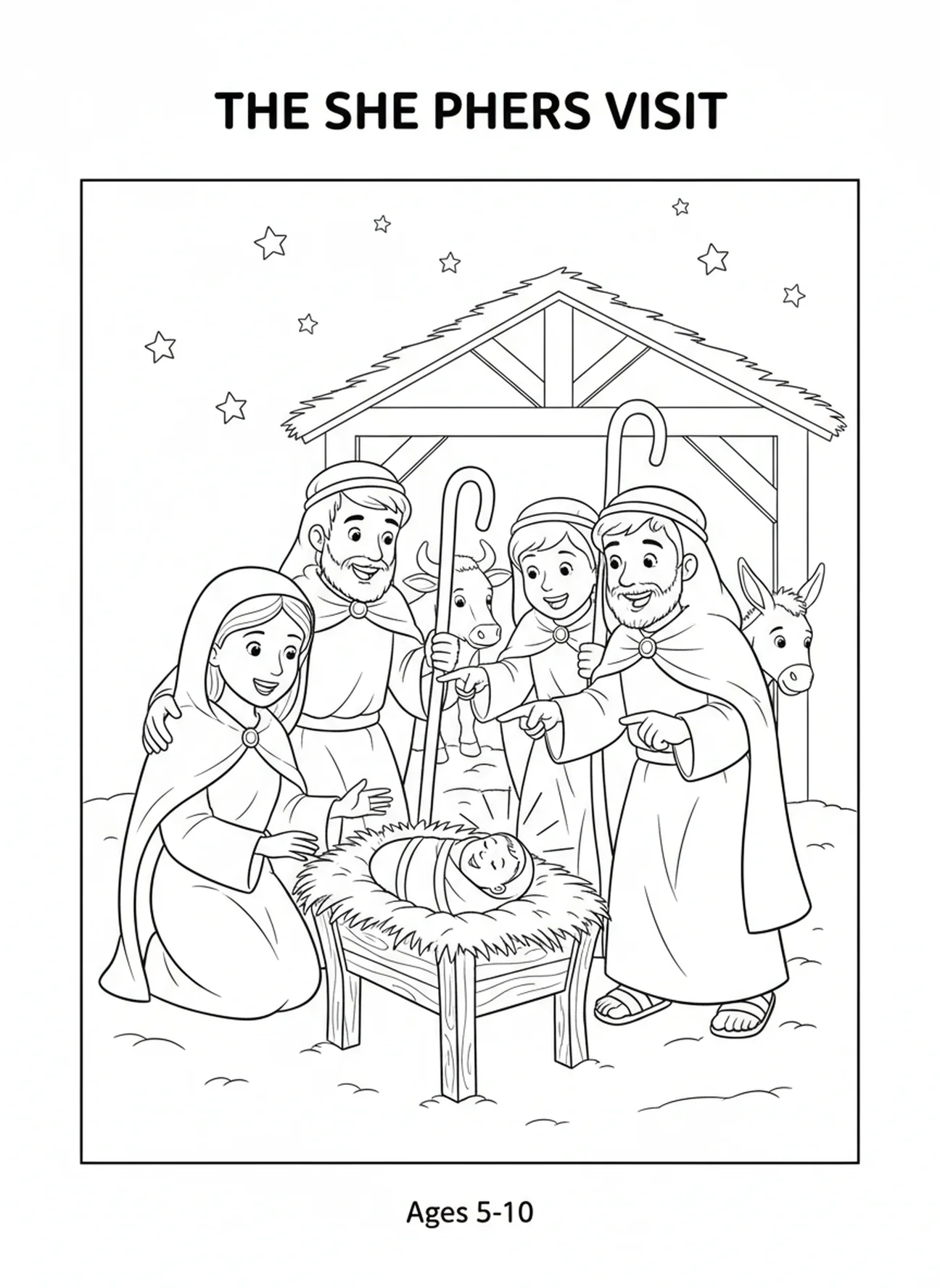 Hirten nähern sich der Krippe, Geburt von Maria und Josef, kein Platz Ausmalbild für Kinder im Alter von 5-10 Jahren