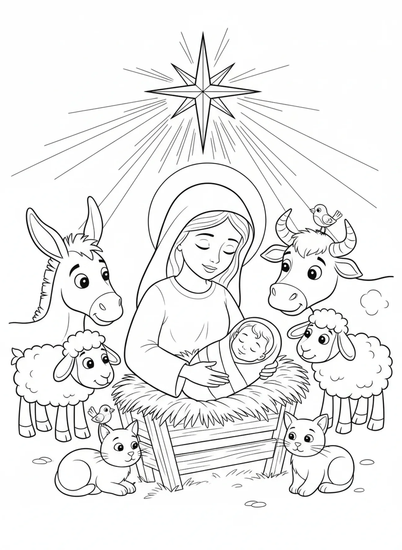 Maria legt das Baby in die Krippe, Weihnachtsgeschichte Maria Josef Kein Platz Ausmalbild für Kinder im Alter von 5-10 Jahren