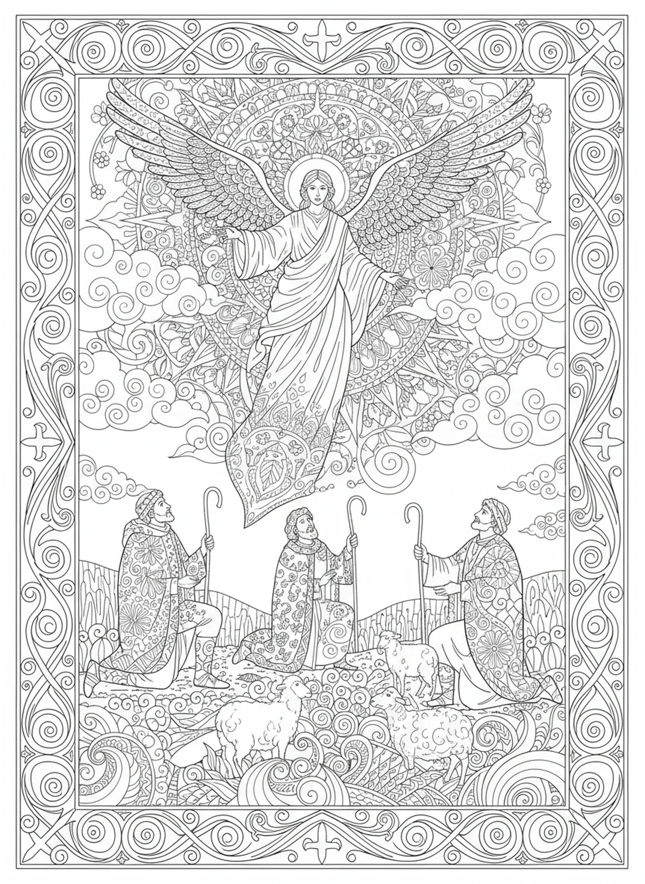 Angel announcing birth, Nativity Shepherds Find Jesus coloring page for adults Bible journaling style.