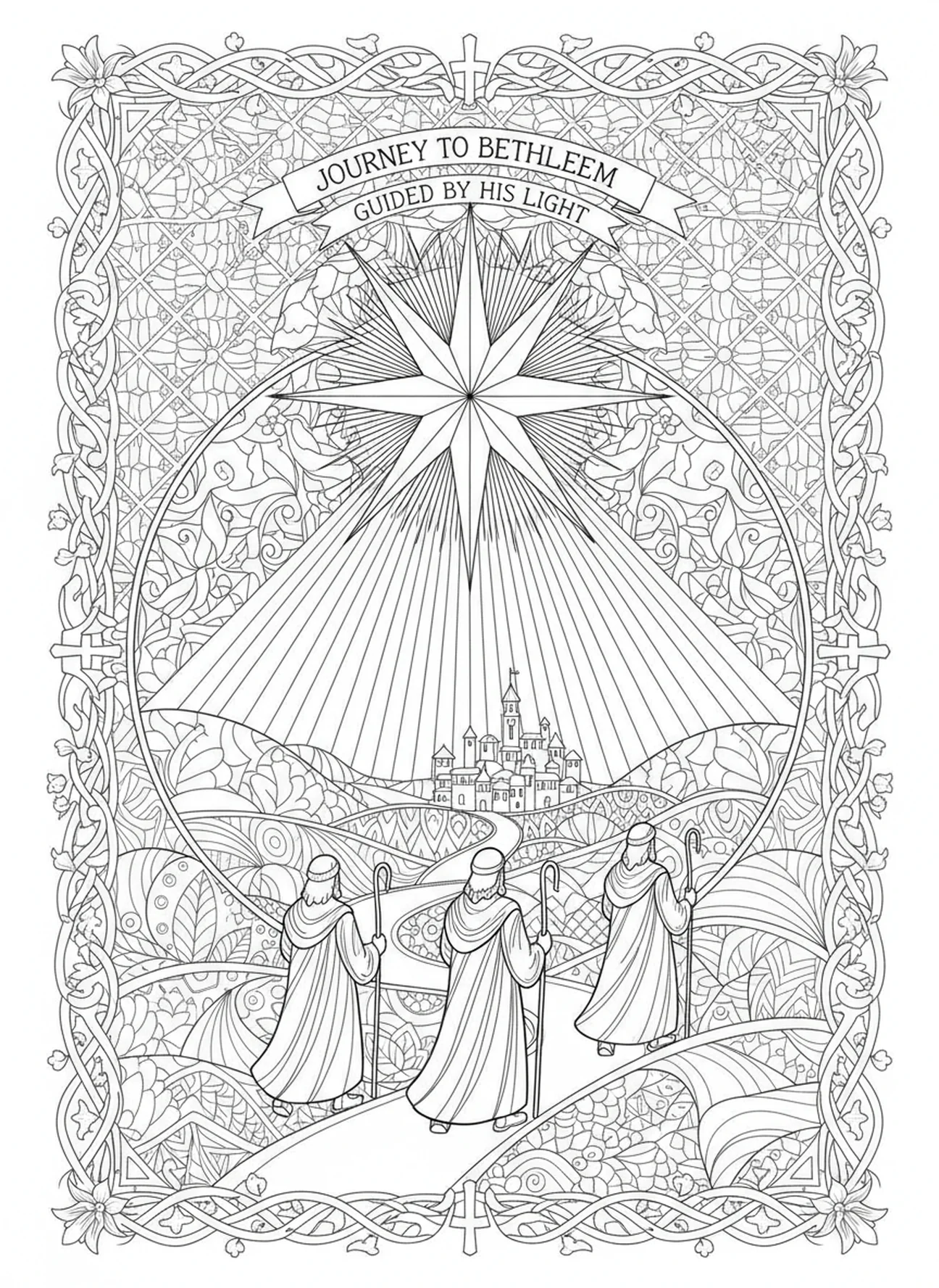 Shepherds journeying to Bethlehem, Nativity Shepherds Find Jesus coloring page for adults Bible journaling style.