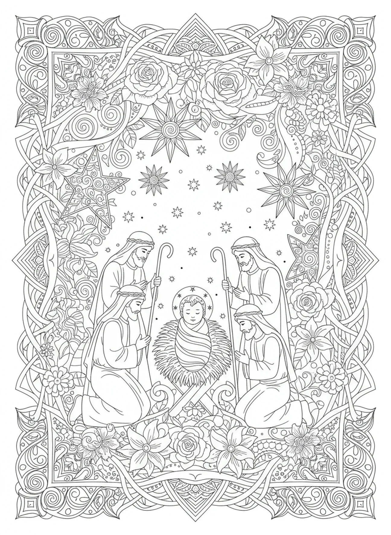 Baby Jesus in manger, Nativity Shepherds Find Jesus coloring page for adults Bible journaling style.