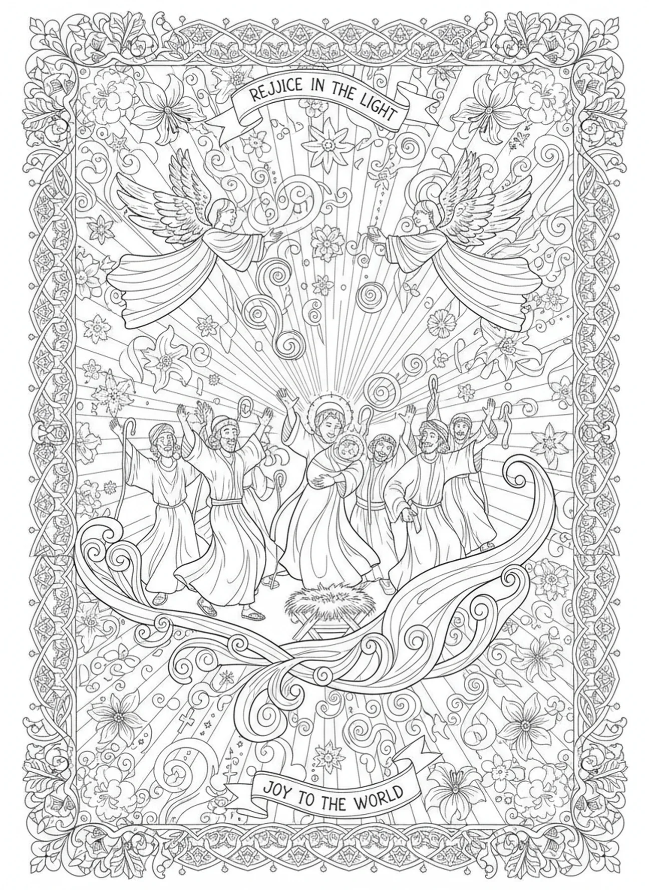 Shepherds rejoicing, Nativity Shepherds Find Jesus coloring page for adults Bible journaling style.