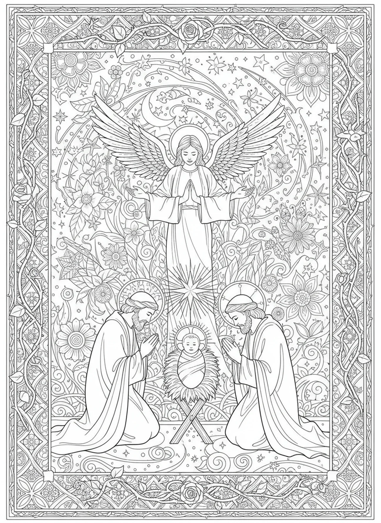 Shepherds worshiping Jesus, Nativity Shepherds Find Jesus coloring page for adults Bible journaling style.