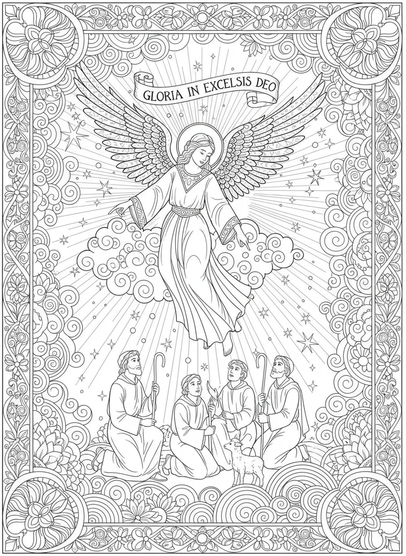 Prunkvoller Engel, Stern von Bethlehem Ausmalbild für Erwachsene im Bibel-Journaling-Stil