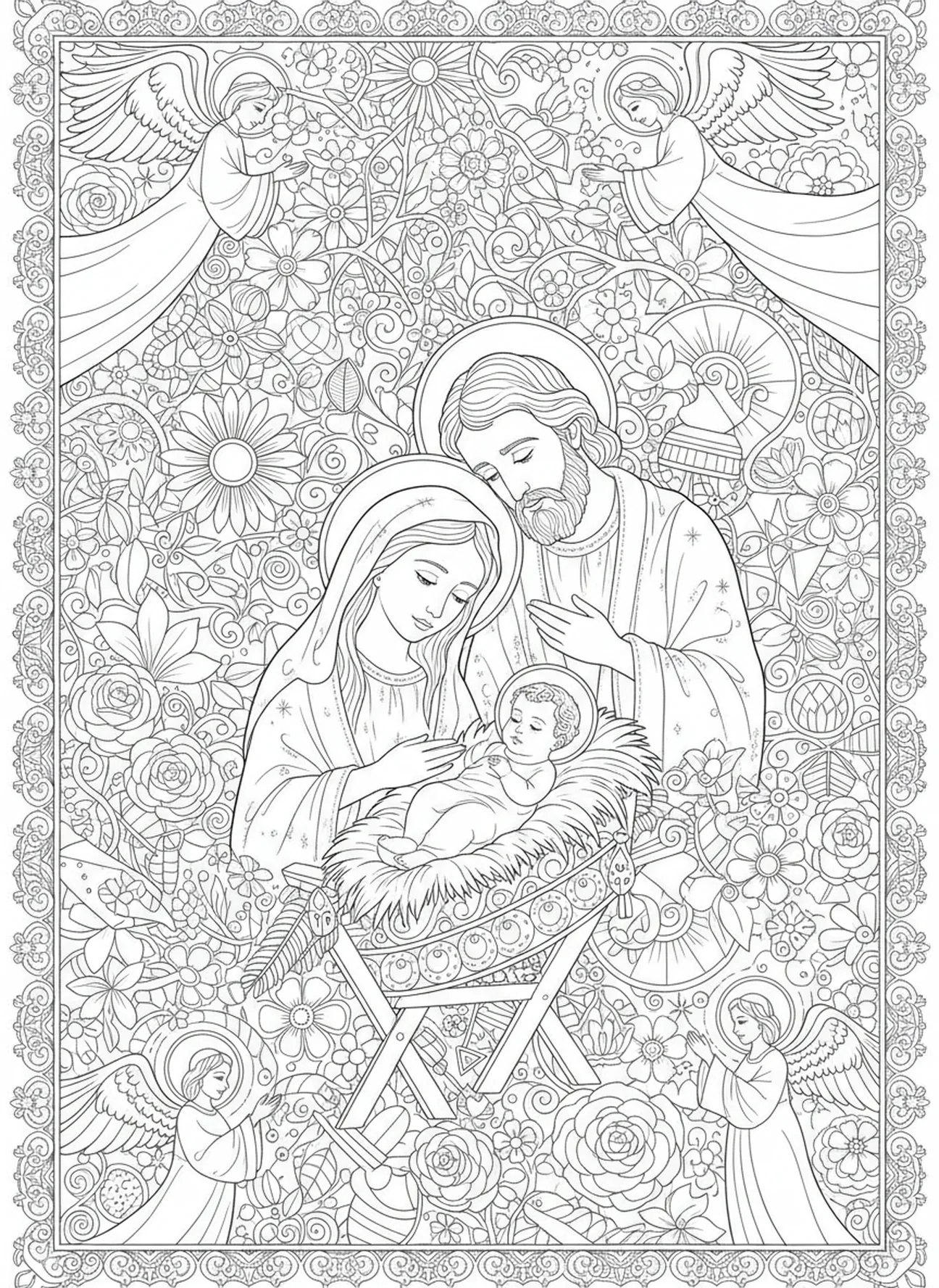 Maria und Josef in der Krippe, Ausmalbild mit dem Stern von Bethlehem für Erwachsene im Stil des Bibel-Journalings