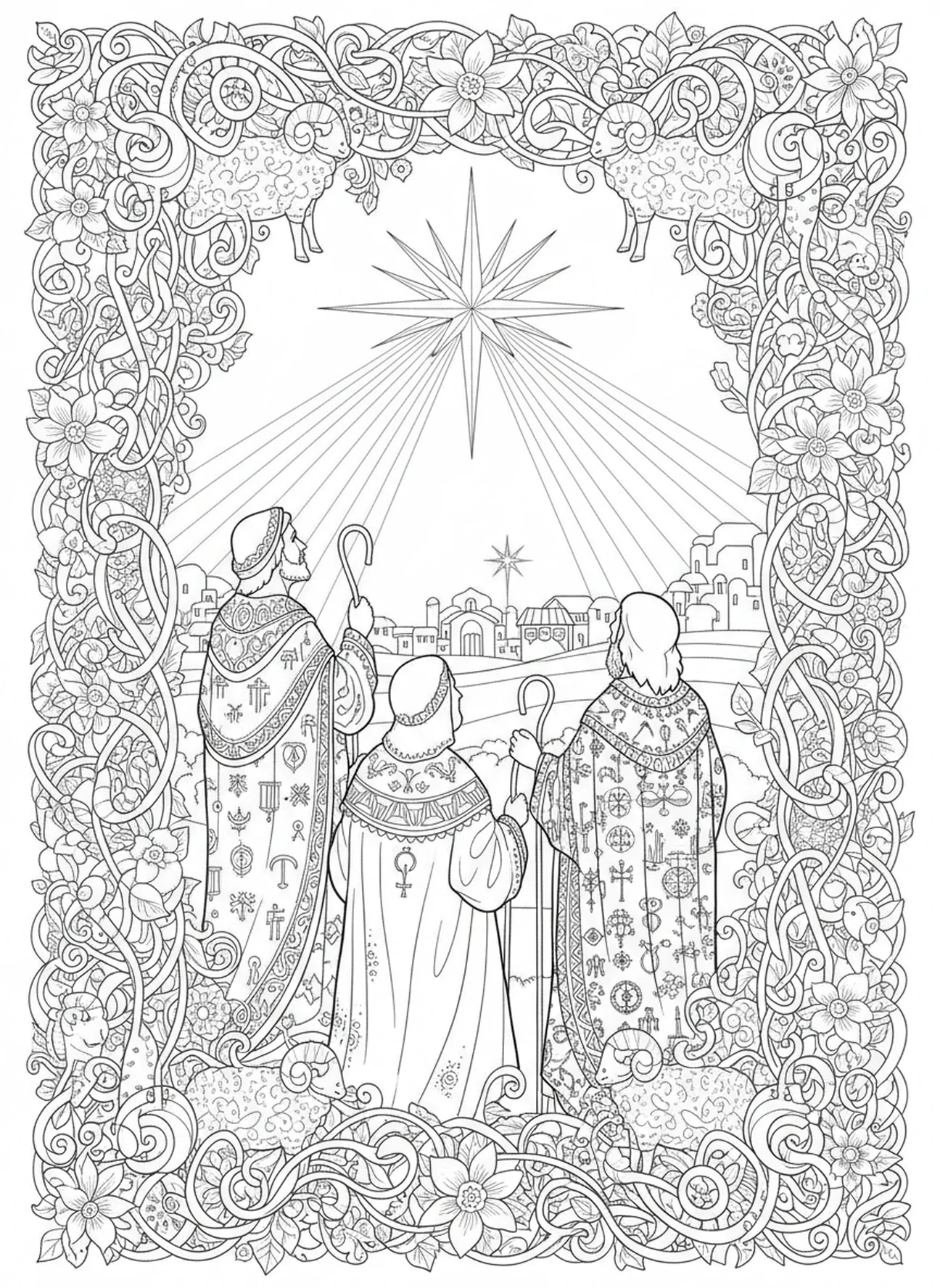 Gruppe von Hirten, Ausmalbild mit dem Stern von Bethlehem für Erwachsene im Stil des Bibeljournaling