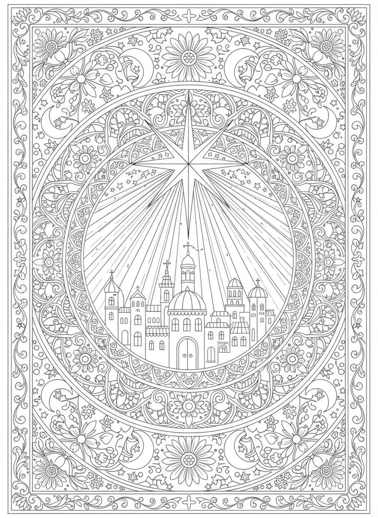 Strahlender Stern über Bethlehem, Ausmalbild des Sterns über Bethlehem im Stil des Bibel-Journalings für Erwachsene