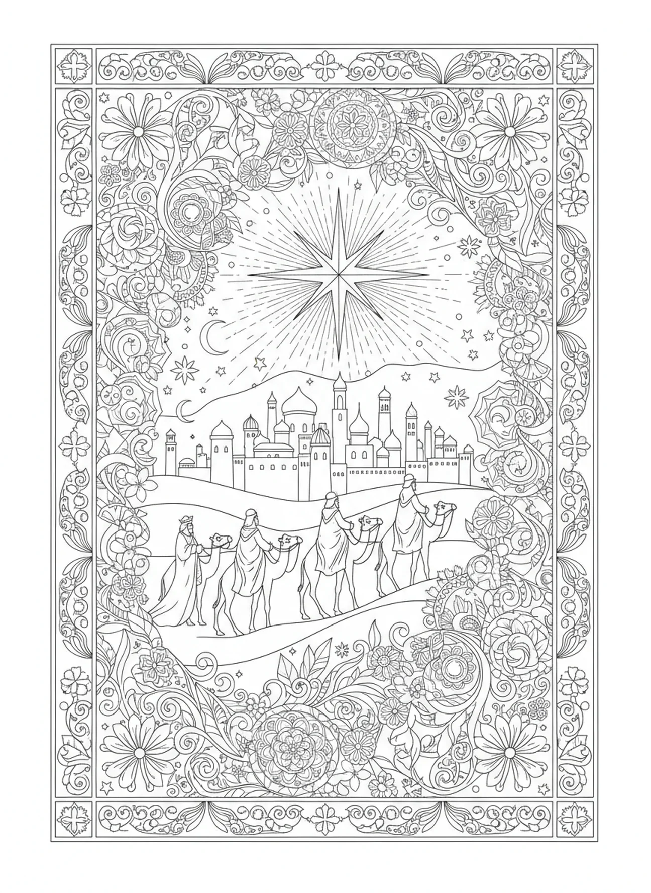 Drei weise Männer auf Kamelen, Ausmalbild mit dem Stern von Bethlehem für Erwachsene im Stil des Bibel-Journaling