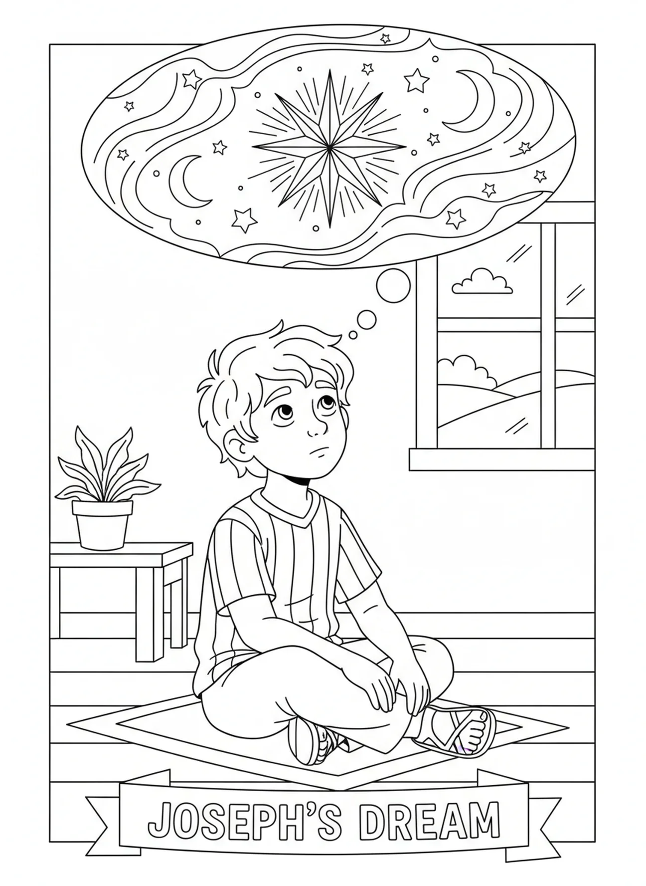 Joseph réfléchissant à un rêve, page à colorier de l'Étoile de la Nativité au-dessus de Bethléem pour les enfants de 5 à 10 ans.