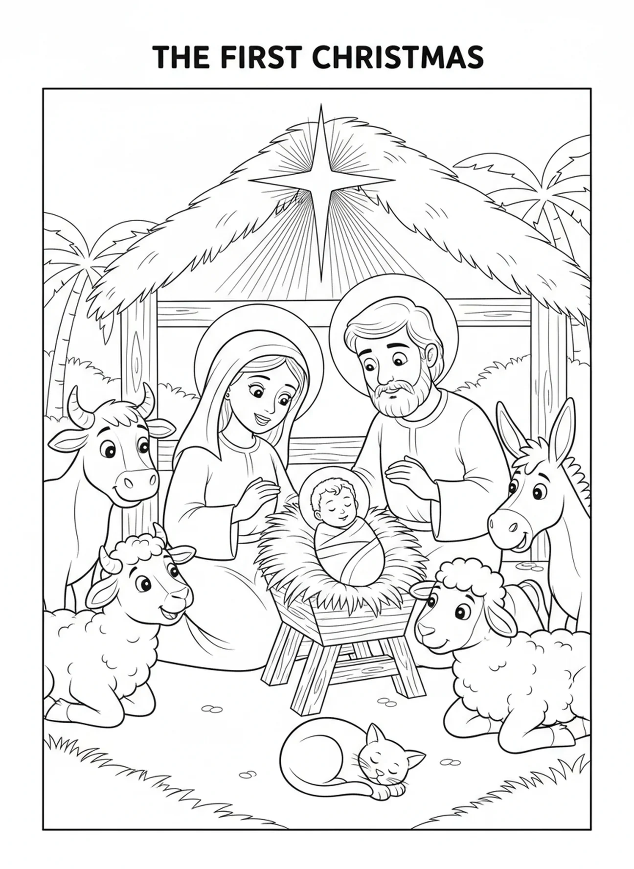 Marie et Joseph avec le bébé Jésus dans une crèche, page à colorier de l'Étoile de Noël sur Bethléem pour les enfants de 5 à 10 ans.