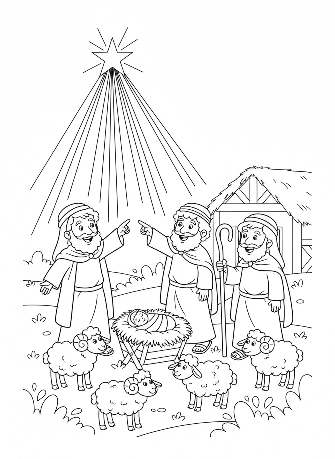 Bergers enthousiastes s'approchant de la crèche, page à colorier de l'Étoile de Noël au-dessus de Bethléem pour les enfants de 5 à 10 ans.