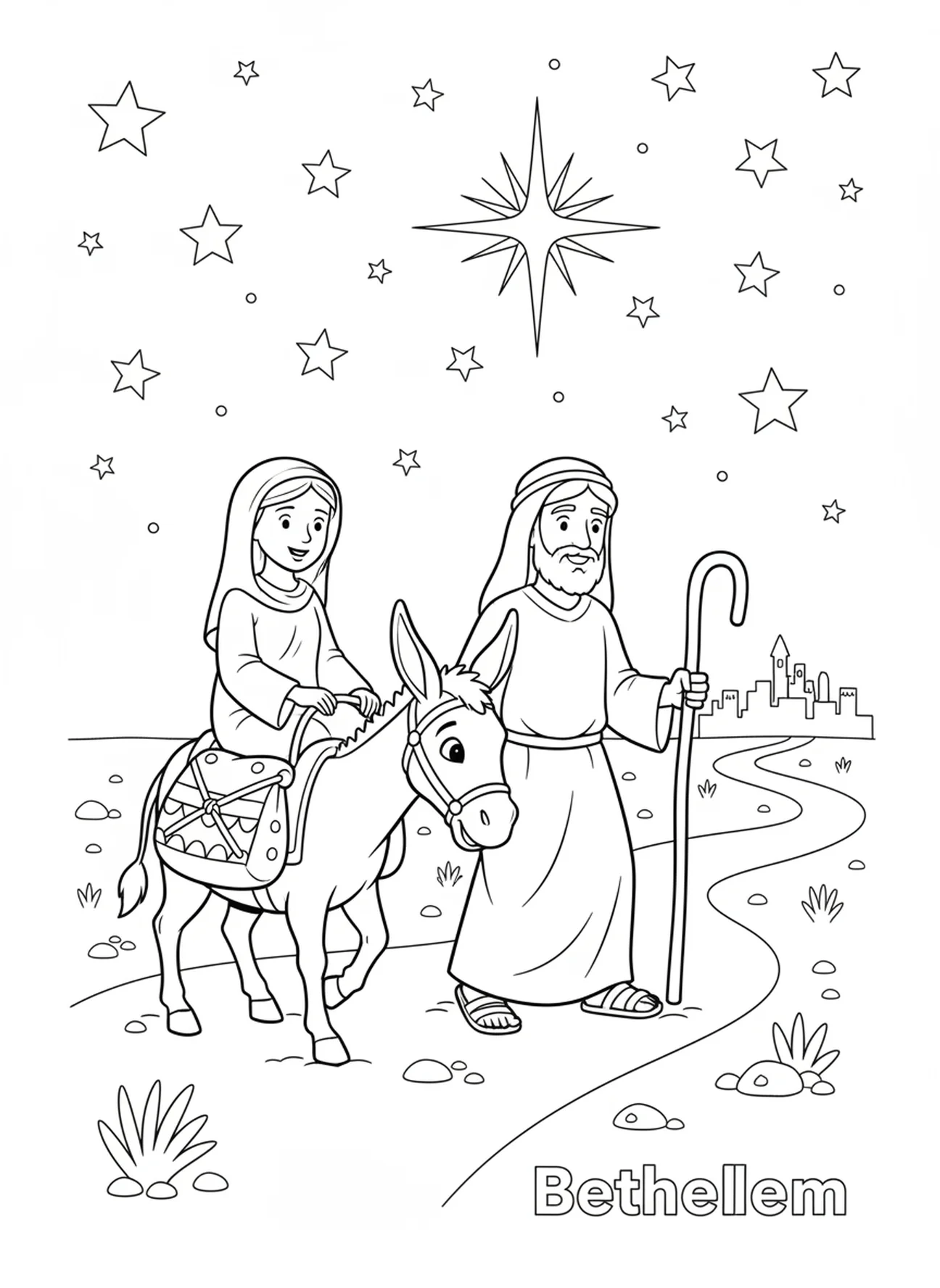 Marie et Joseph voyageant sur un âne, page à colorier de l'Étoile de la Nativité au-dessus de Bethléem pour les enfants de 5 à 10 ans.