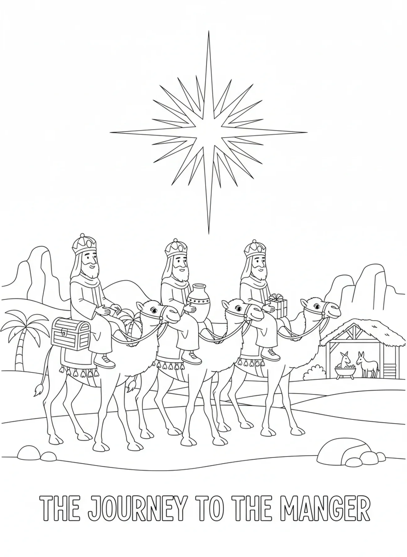 Trois rois mages sur des chameaux suivant l'étoile, page à colorier de l'Étoile de la Nativité à Bethléem pour les enfants de 5 à 10 ans.