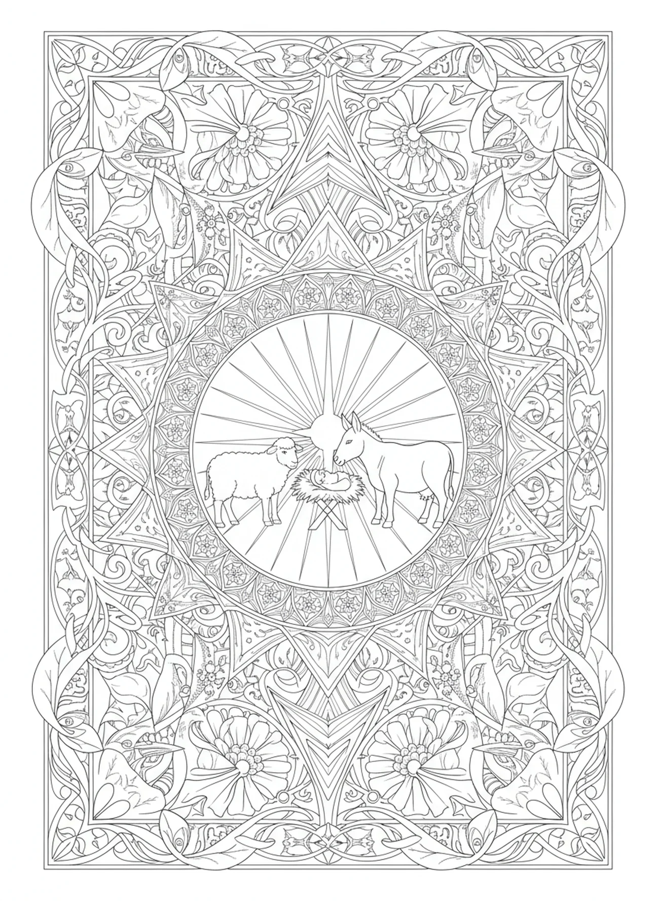 Animals around the manger, Nativity Wise Men Bring Gifts coloring page for adults Bible journaling style.