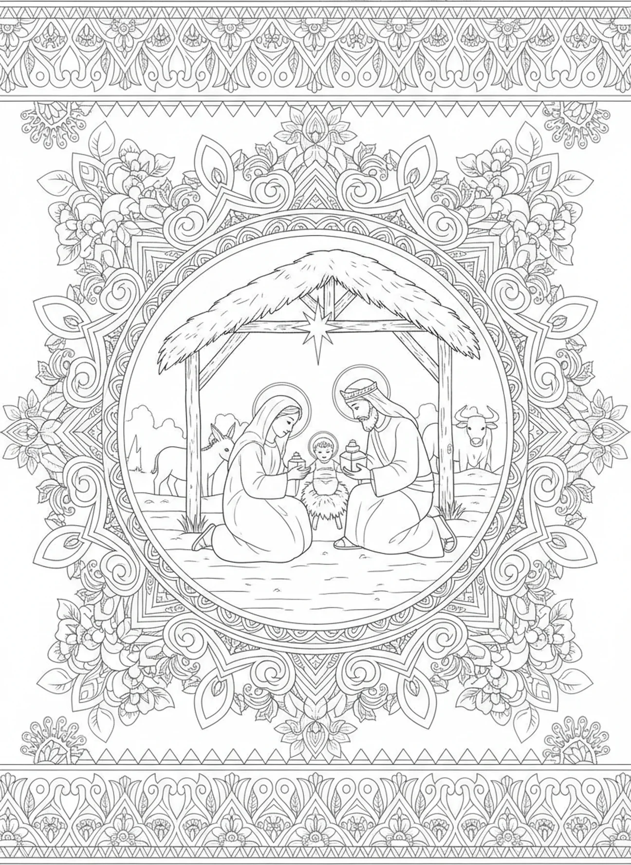 Wise men presenting gifts, Nativity Wise Men Bring Gifts coloring page for adults Bible journaling style.
