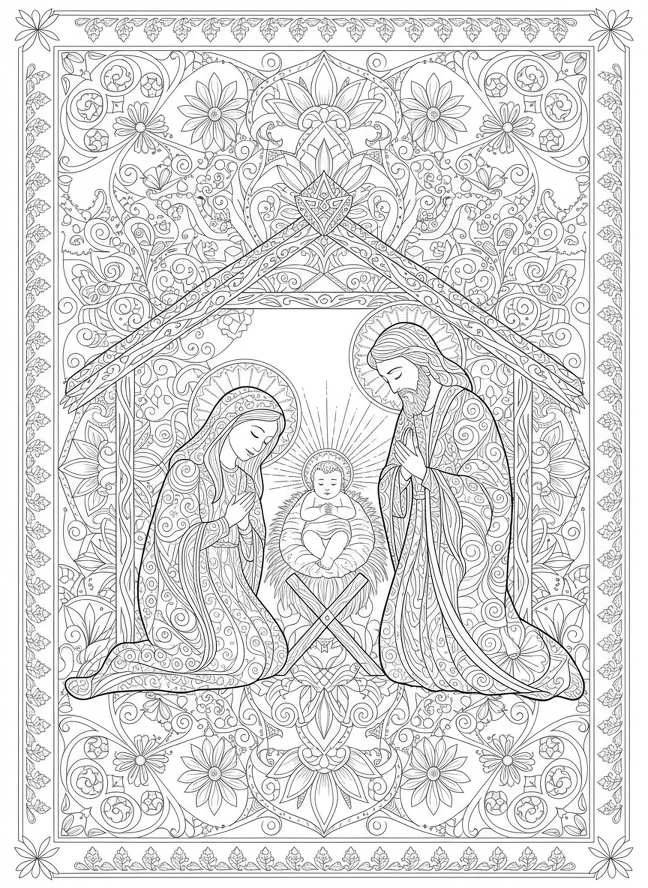 Manger scene with baby Jesus, Nativity Wise Men Bring Gifts coloring page for adults Bible journaling style.
