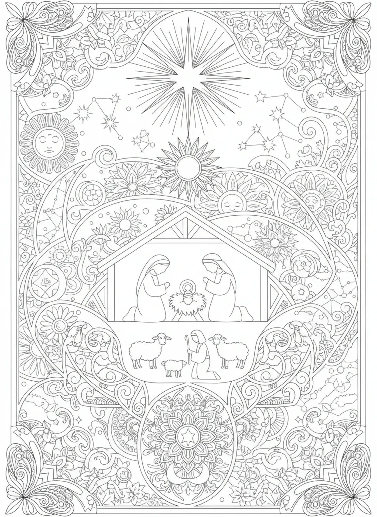 Shining star above nativity, Nativity Wise Men Bring Gifts coloring page for adults Bible journaling style.