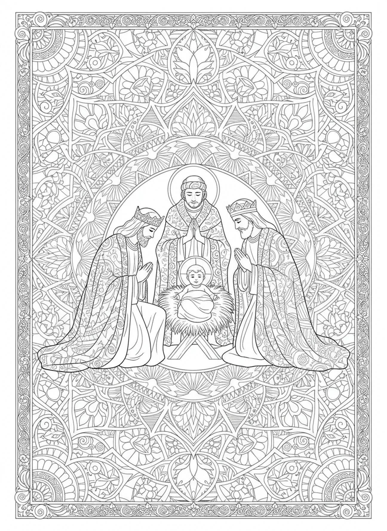 Wise men in worship, Nativity Wise Men Bring Gifts coloring page for adults Bible journaling style.