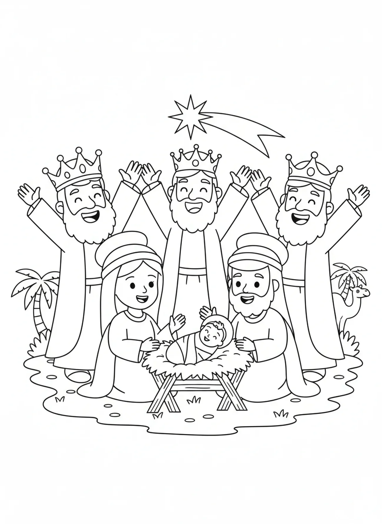 Os Reis Magos celebrando ao redor do presépio, página para colorir dos Reis Magos trazendo presentes para crianças de 5 a 10 anos