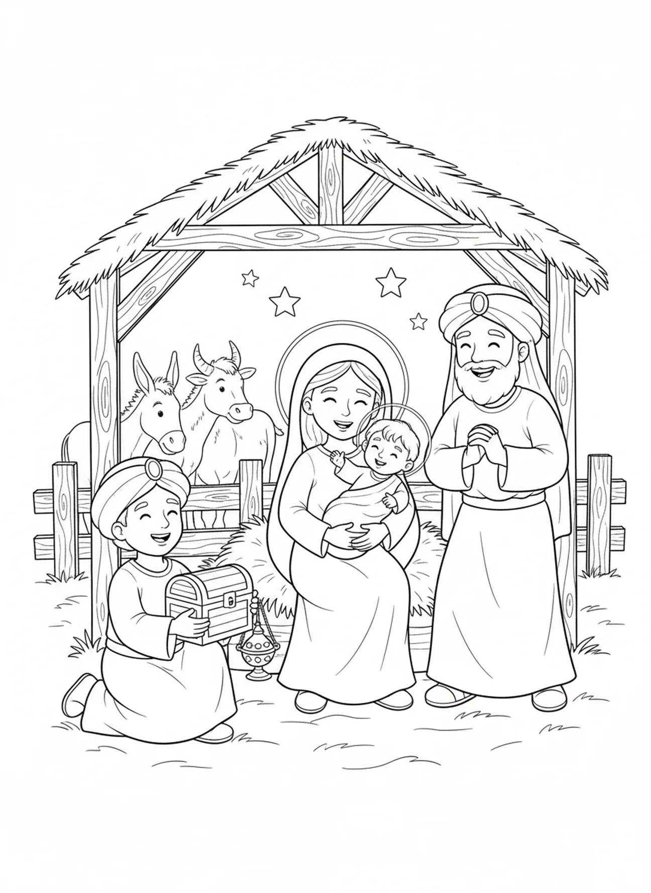 Maria segurando o bebê Jesus em um estábulo, página de colorir dos Reis Magos trazendo presentes para crianças de 5 a 10 anos