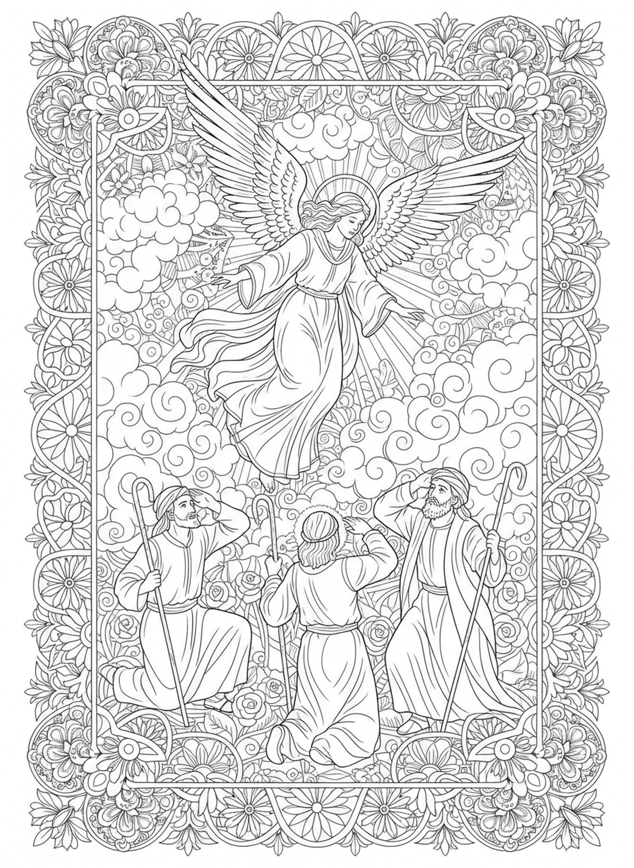 Angel announcing to shepherds, Nativity coloring page for adults Bible journaling style.