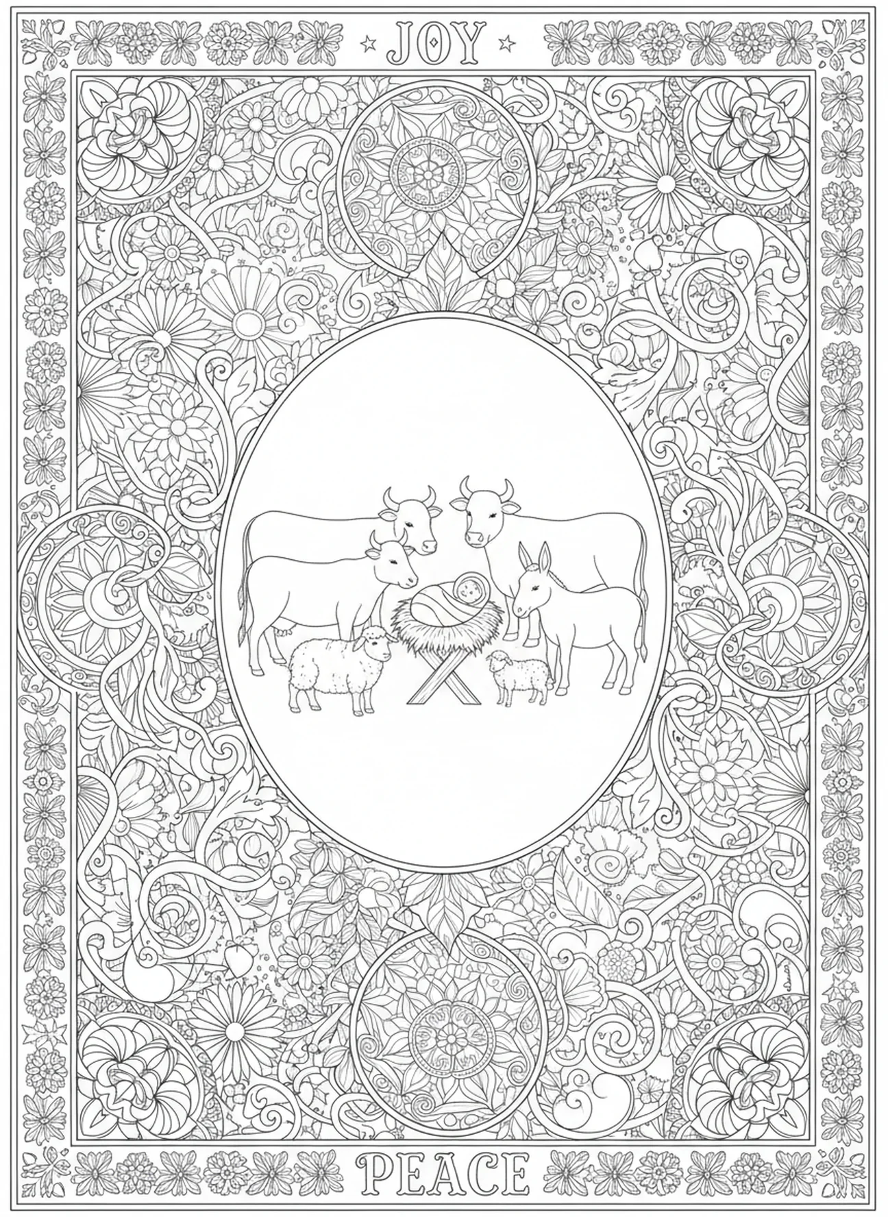 Animals around the manger, Nativity coloring page for adults Bible journaling style.