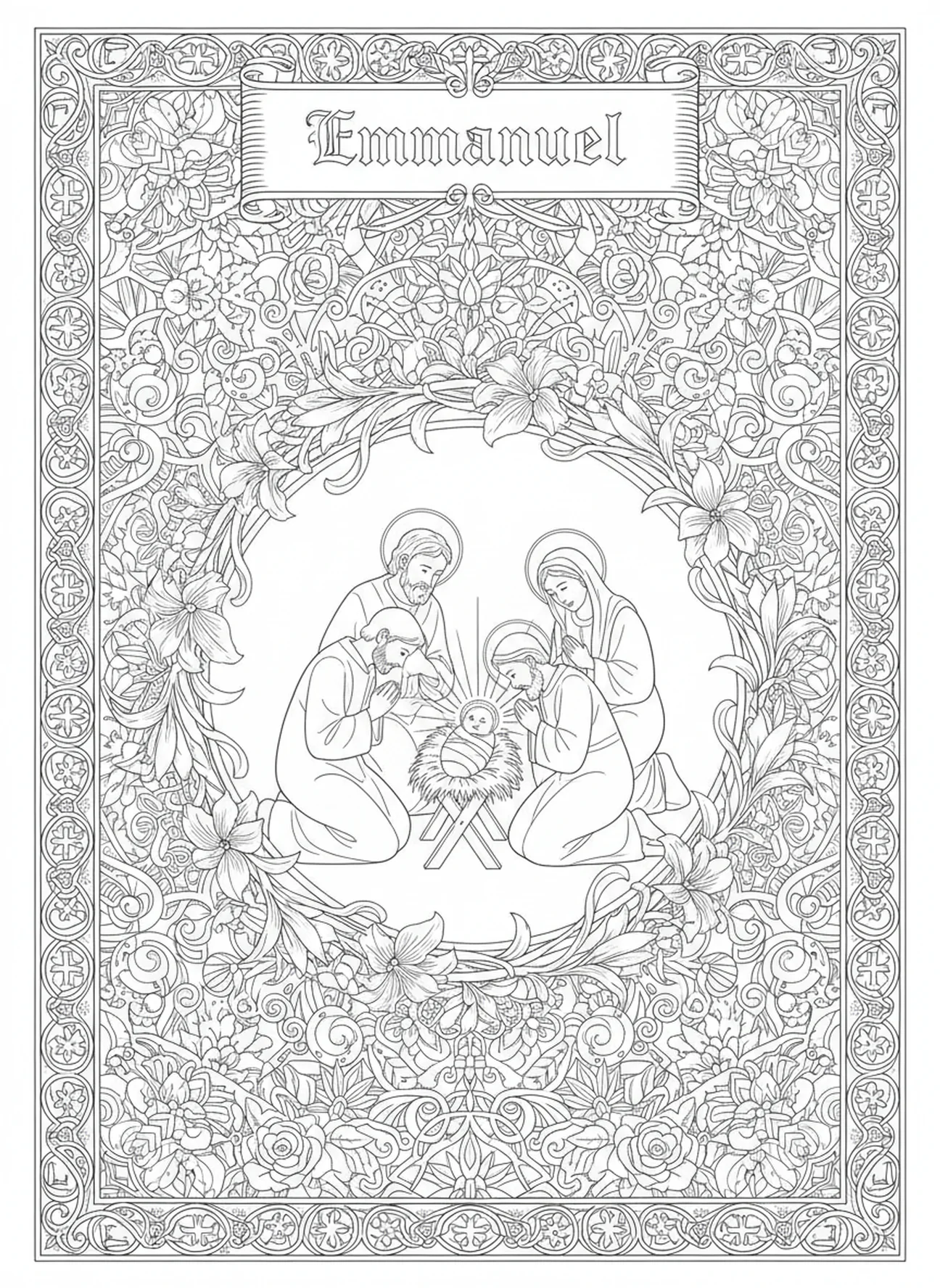 Shepherds adoring baby Jesus, Nativity coloring page for adults Bible journaling style.