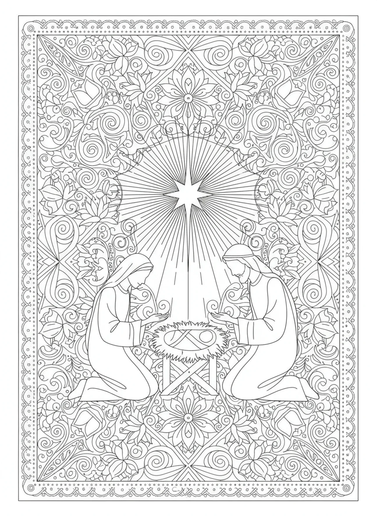 Star of Bethlehem above the manger, Nativity coloring page for adults Bible journaling style.