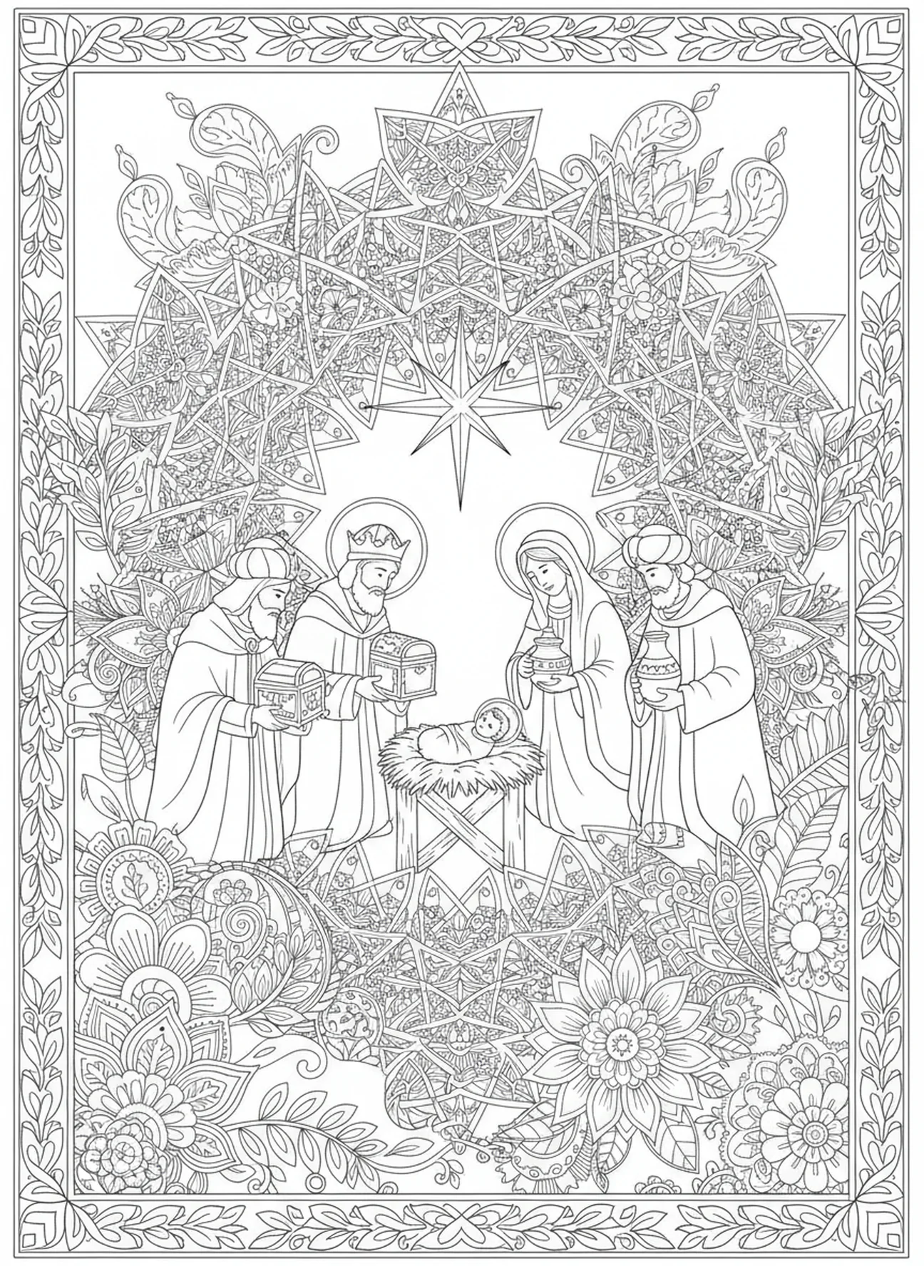 Three wise men with gifts, Nativity coloring page for adults Bible journaling style.