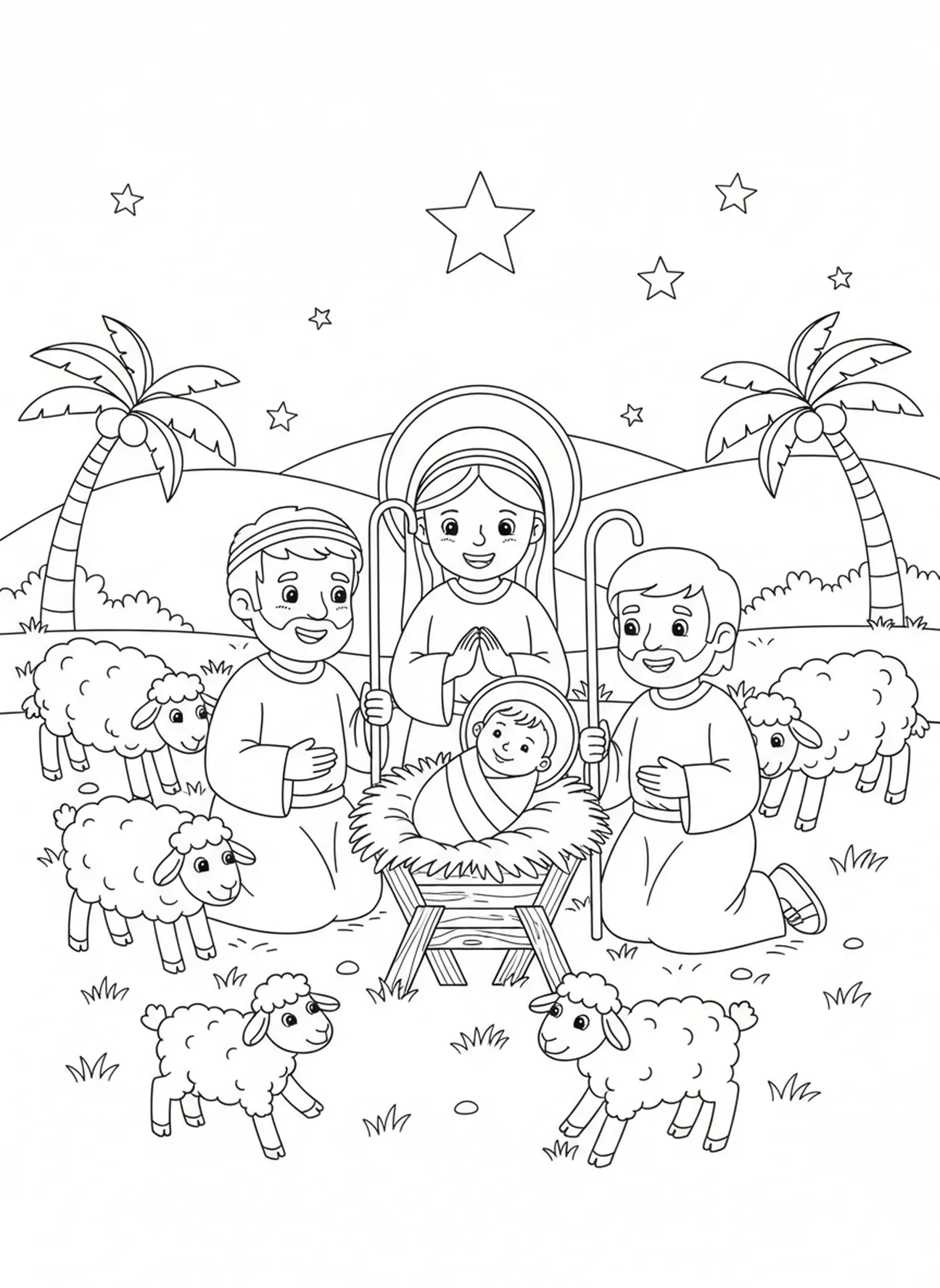 Vrolijke herders die de baby Jezus aanbidden, kerstkleurplaat voor kinderen van 5-10 jaar
