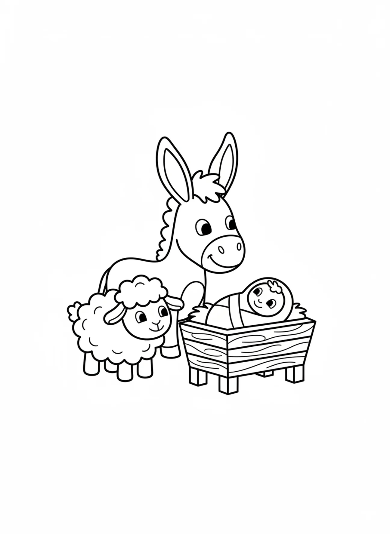 Burro y oveja admirando al bebé, página para colorear de la Natividad para niños de 3 a 5 años