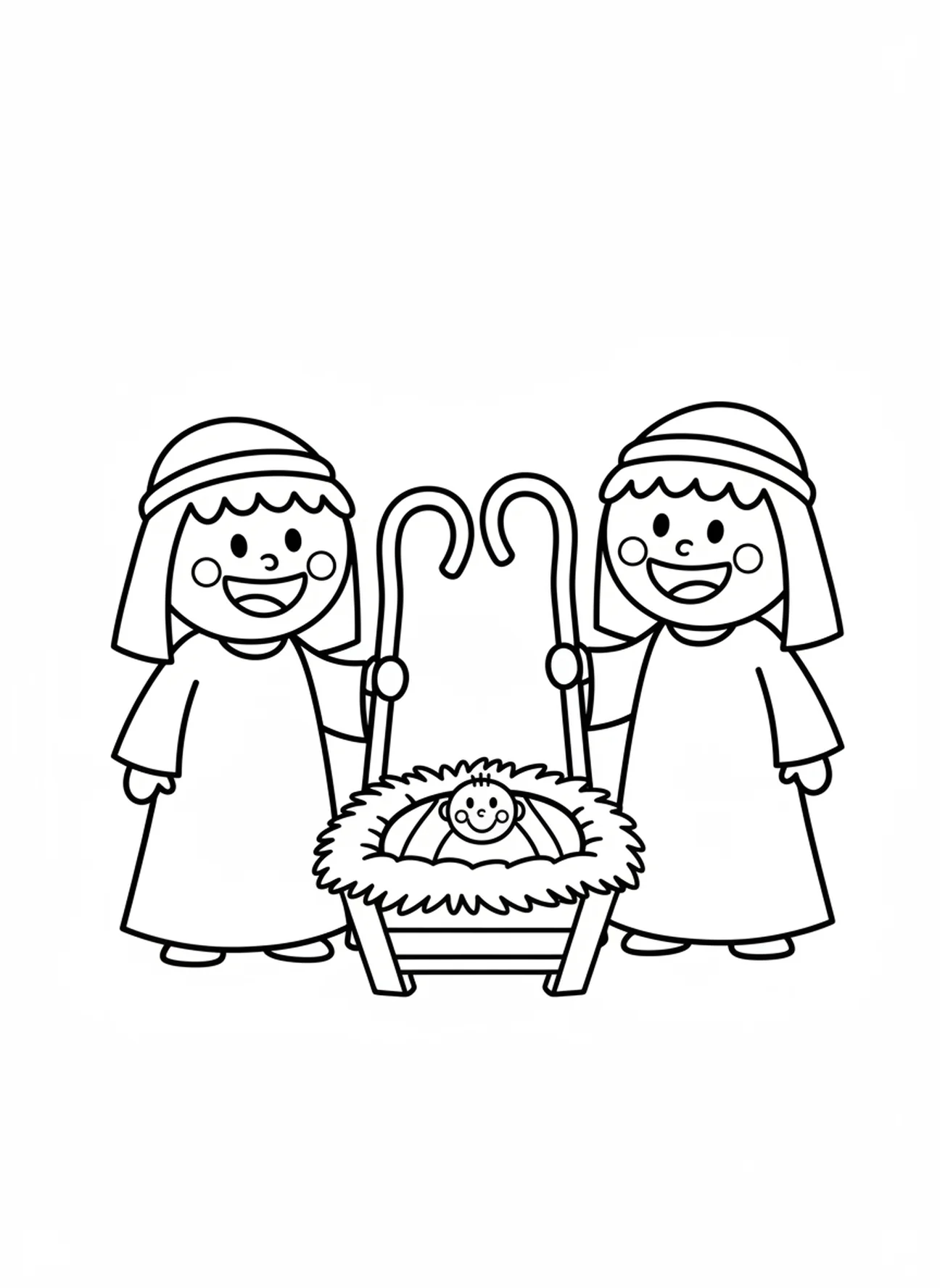 Dos pastores sonrientes, página para colorear de la Natividad para niños de 3 a 5 años