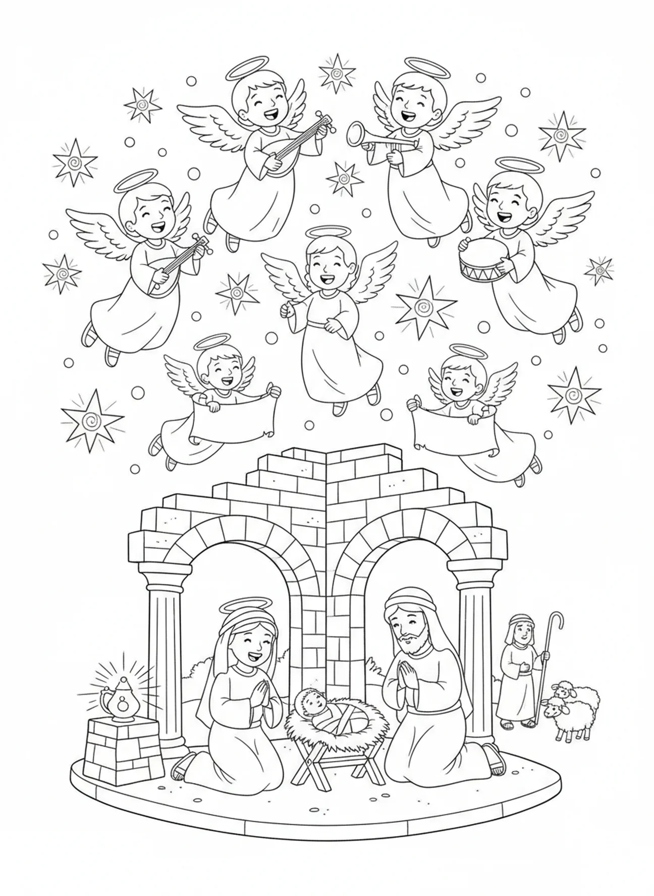 Groupe d'anges chantant, page à colorier de la Nativité pour les enfants de l'École du dimanche âgés de 5 à 12 ans.