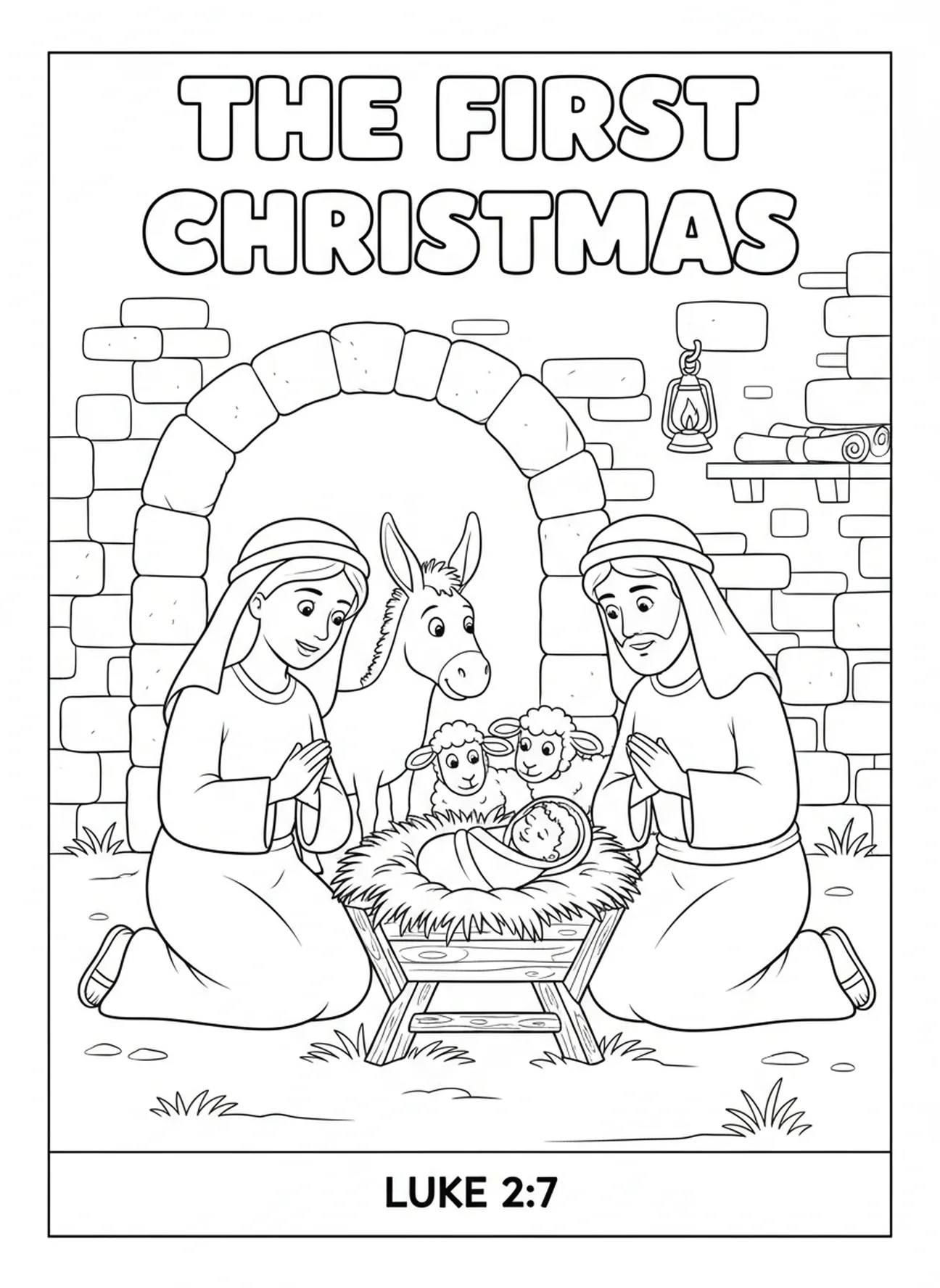 Marie et Joseph avec le bébé Jésus, page à colorier de la Nativité pour les enfants de l'École du dimanche âgés de 5 à 12 ans.