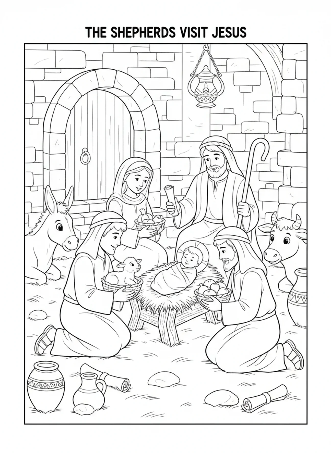 Bergers visitant la crèche, page à colorier de la Nativité pour les enfants de l'École du dimanche âgés de 5 à 12 ans.