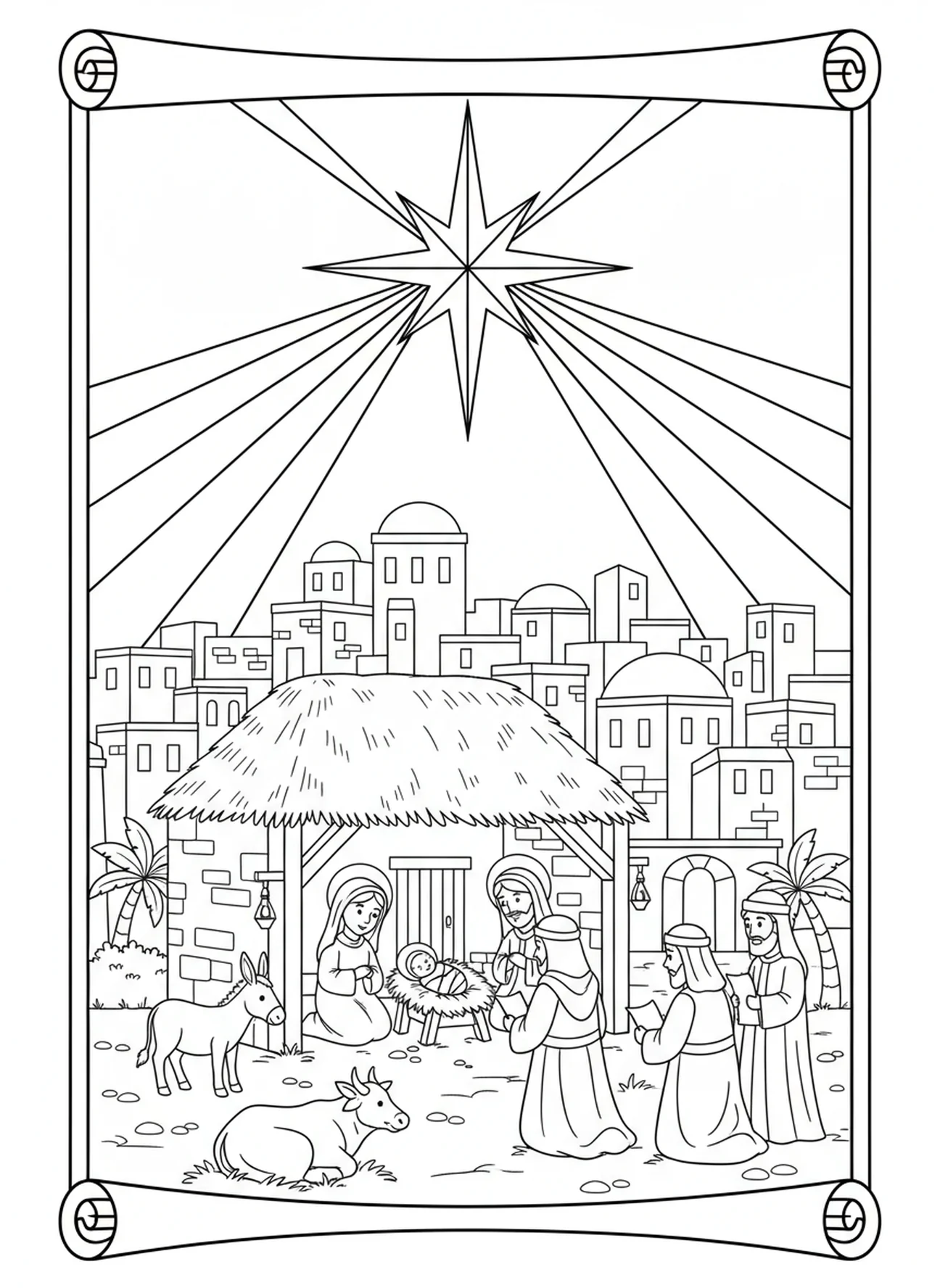 Étoile brillante au-dessus de Bethléem, page à colorier de la Nativité pour les enfants de l'École du dimanche âgés de 5 à 12 ans.