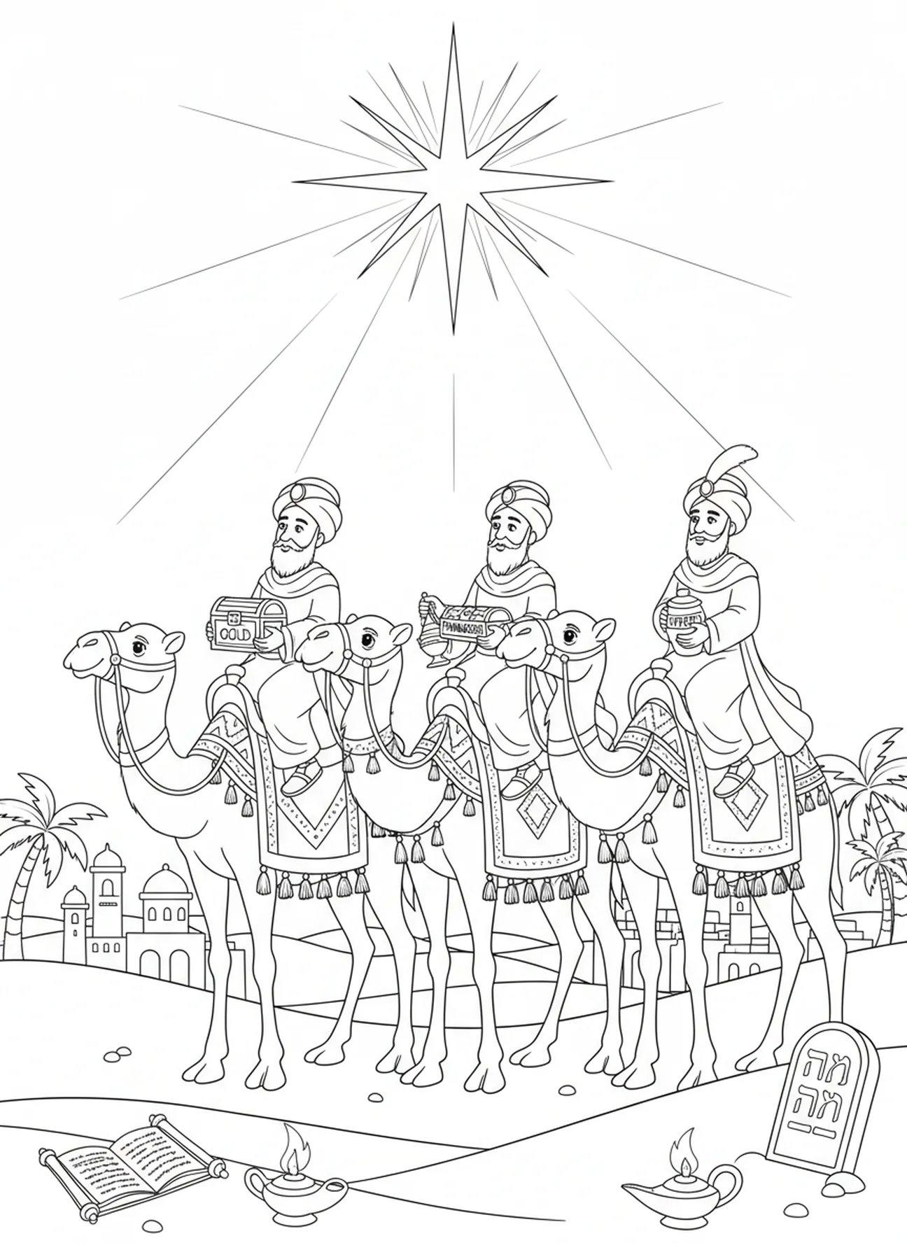 Trois rois mages sur des chameaux, page à colorier de la Nativité pour les enfants de l'École du dimanche âgés de 5 à 12 ans.