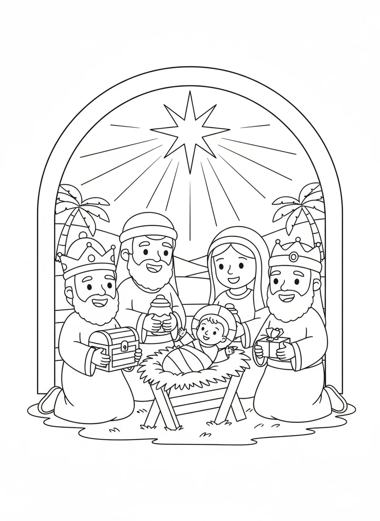 Wijzen die geschenken aanbieden, kleurplaat van de Ster van Bethlehem voor kinderen van 5-10 jaar.