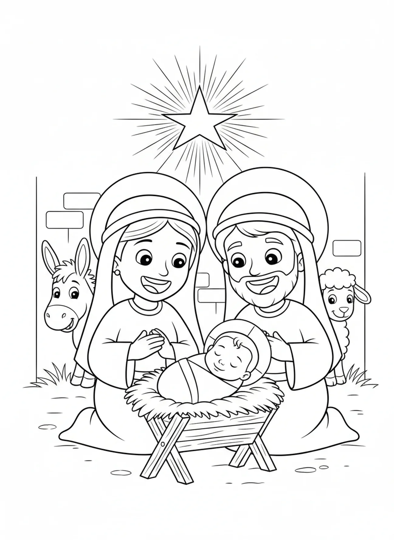 Maria en Jozef met baby Jezus, kleurplaat van de Ster van Bethlehem voor kinderen van 5-10 jaar.