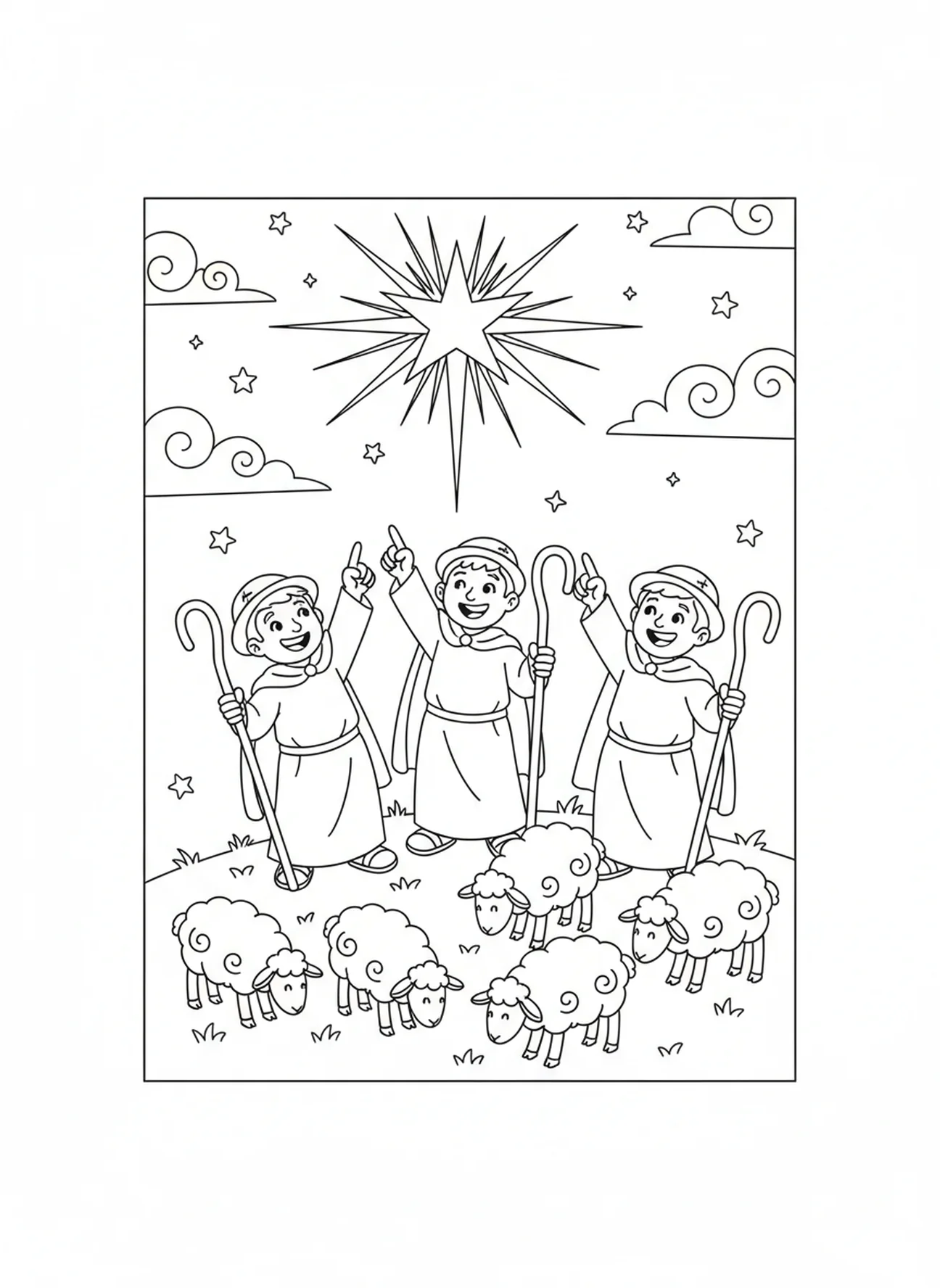 Groep blije herders, Kleurplaat van de Ster van Bethlehem voor kinderen van 5-10 jaar.