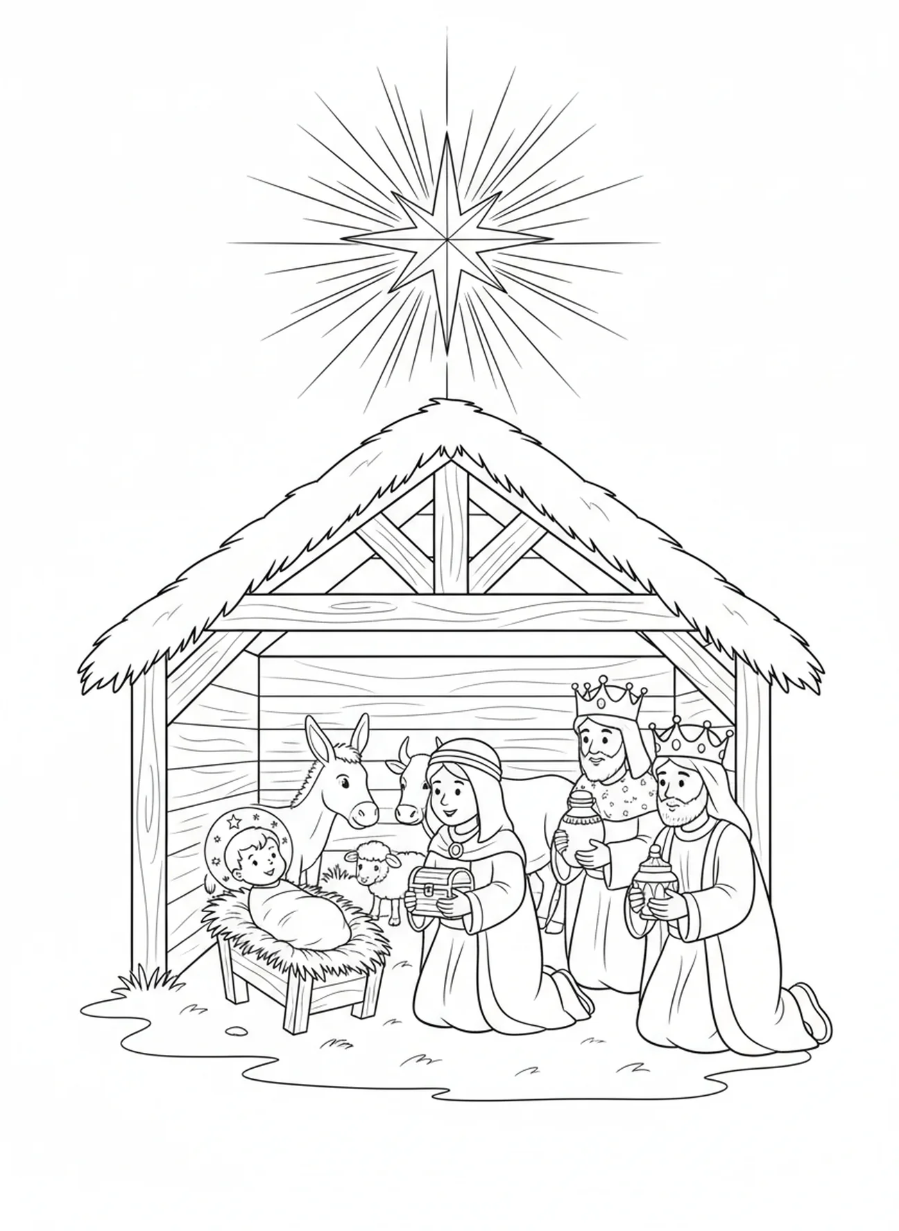 Bright star over the manger, Three Wise Men coloring page for kids age 5-10