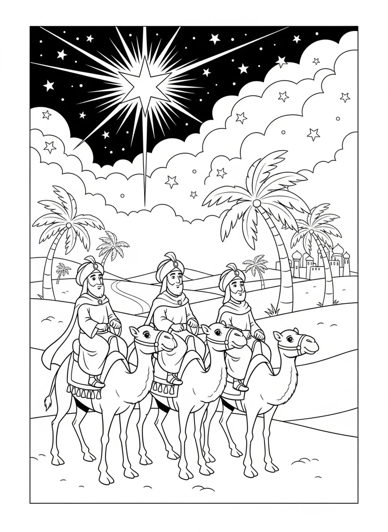 Three Wise Men following the star, Three Wise Men coloring page for kids age 5-10