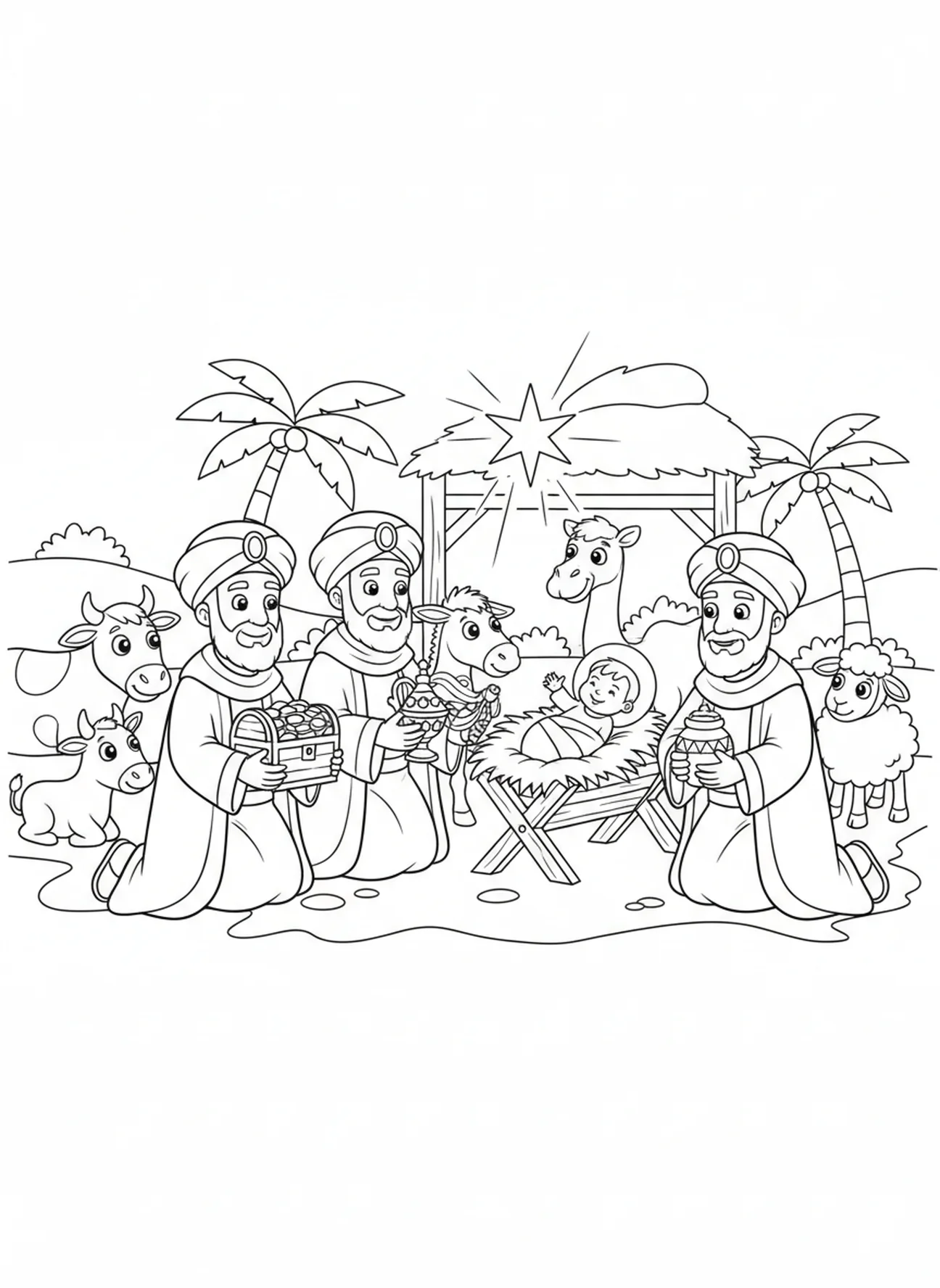 Three Wise Men presenting gifts, Three Wise Men coloring page for kids age 5-10