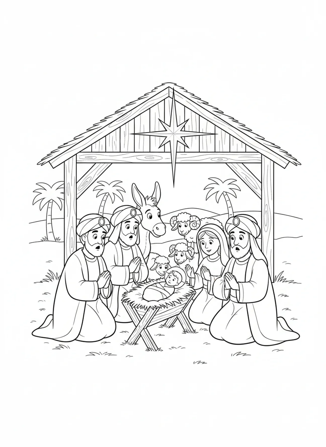 Three Wise Men in the stable, Three Wise Men coloring page for kids age 5-10