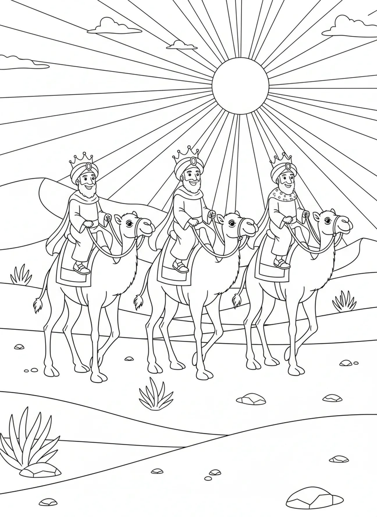 Three Wise Men traveling through desert, Three Wise Men coloring page for kids age 5-10
