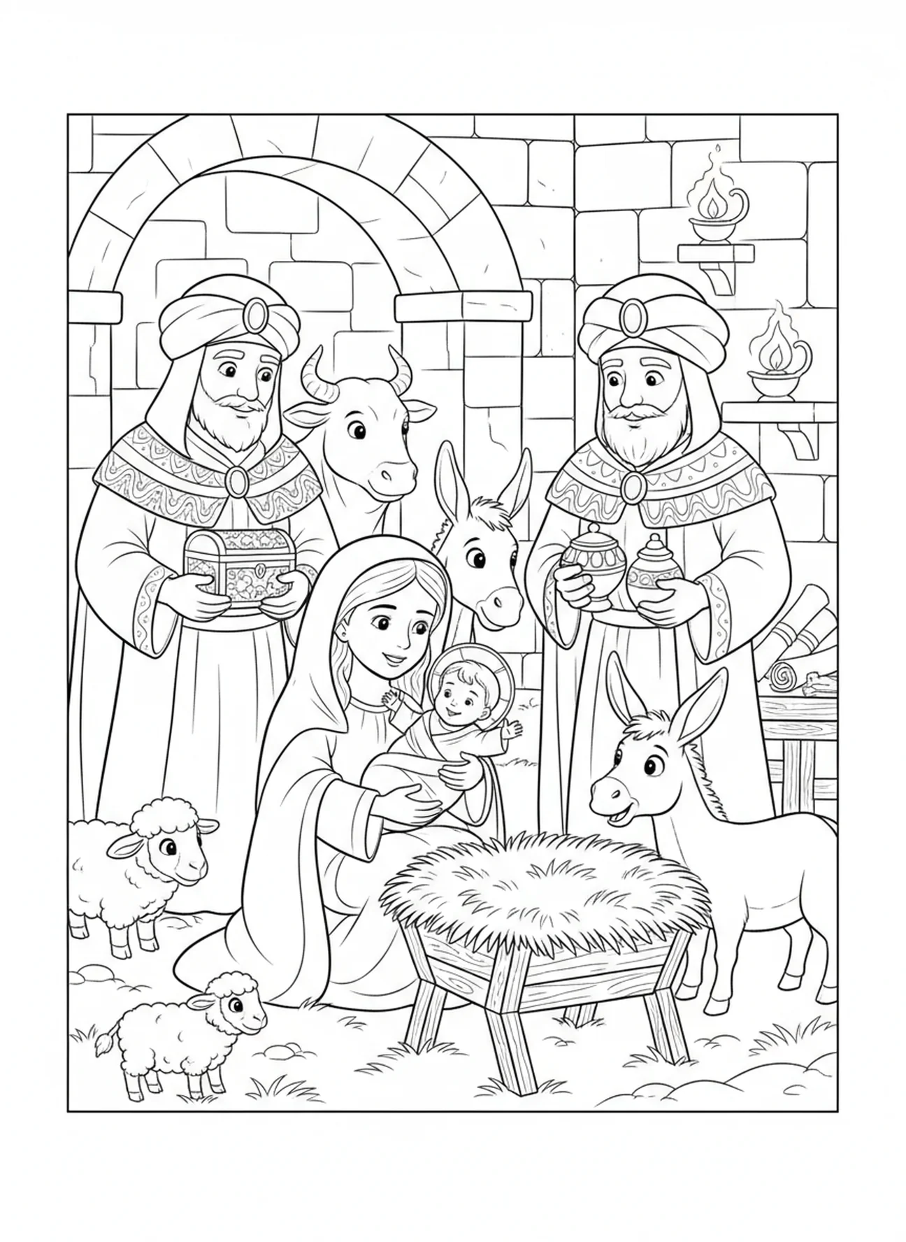 Marie tenant l'enfant Jésus dans une crèche, page à colorier des Trois Rois Mages pour les enfants de l'École du dimanche âgés de 5 à 12 ans.