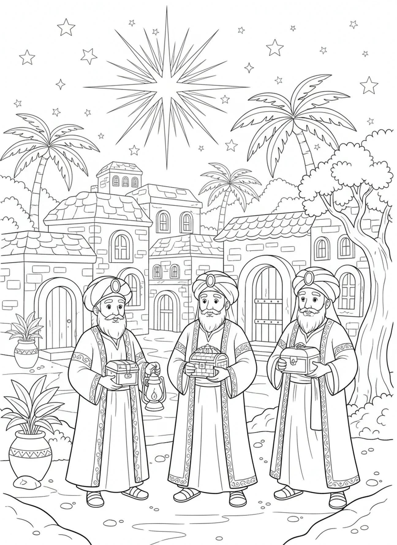 Les Trois Rois Mages arrivant à Bethléem, page à colorier des Trois Rois Mages pour les enfants de l'École du dimanche âgés de 5 à 12 ans.